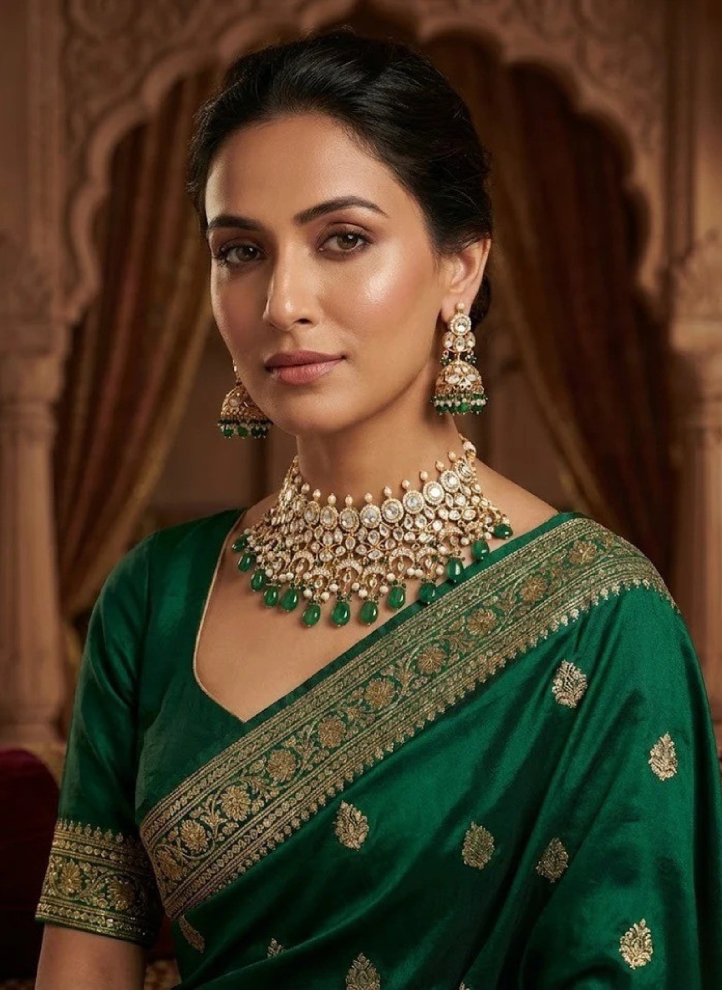 mosinite kundan set with green dublet stone