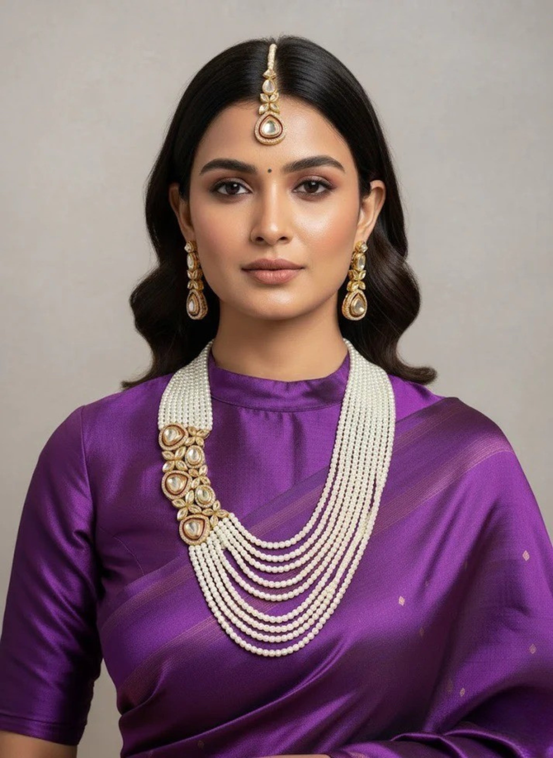 Laayered pearls necklace with Kundan motif with mantika