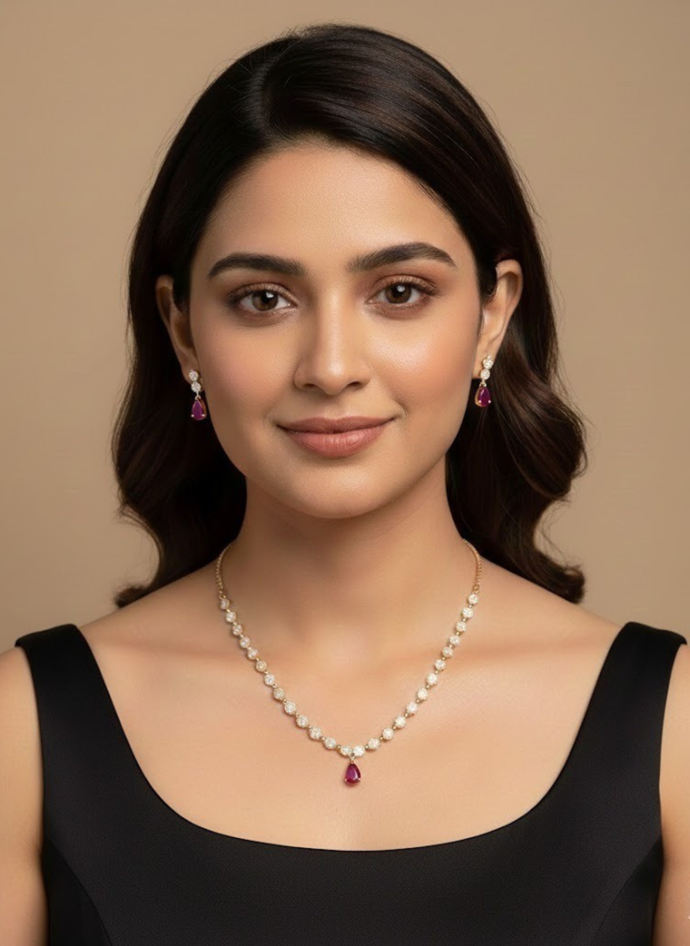 CZ Ruby Stone Chain Set