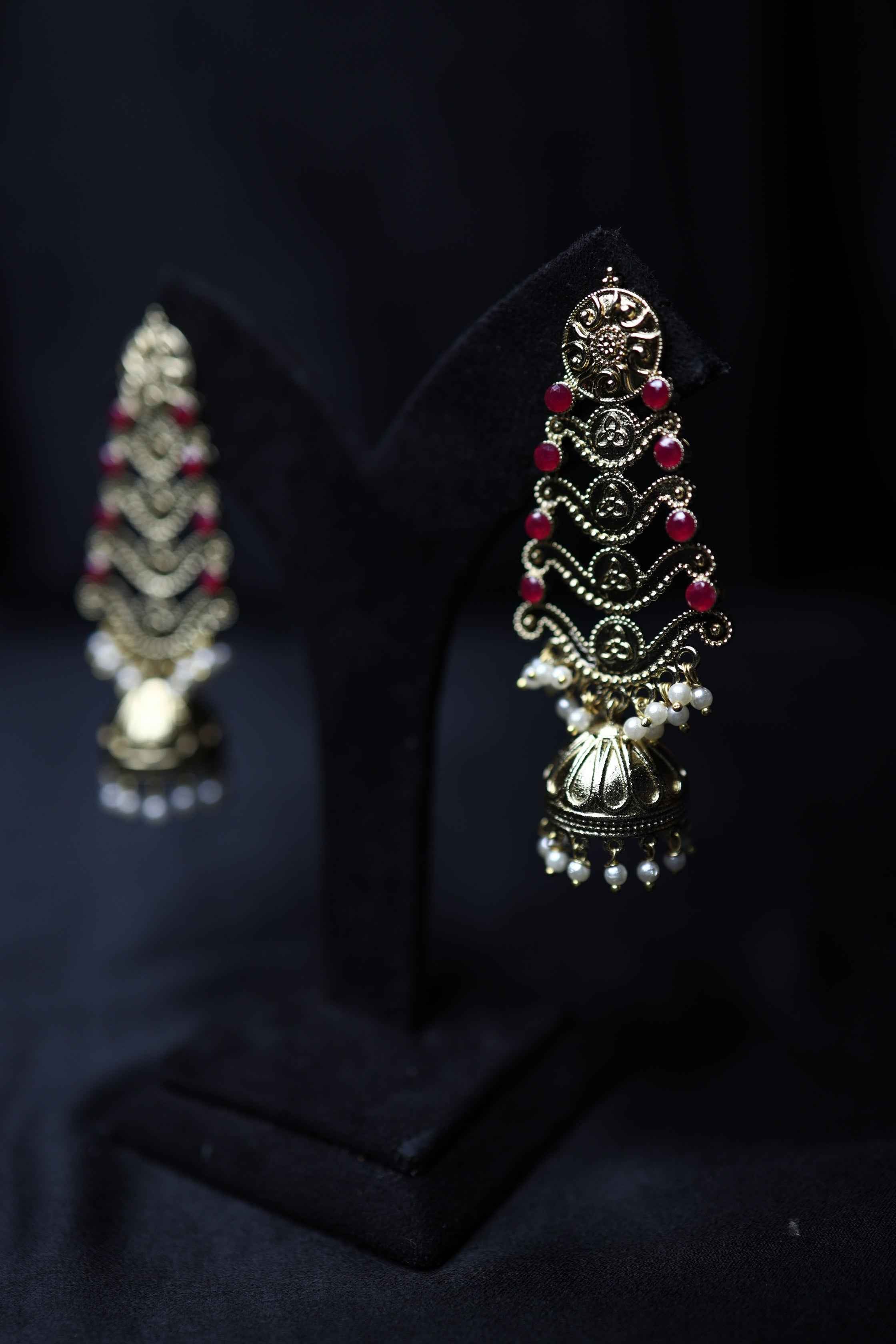 Gold Polish Pink Stone Jhumki