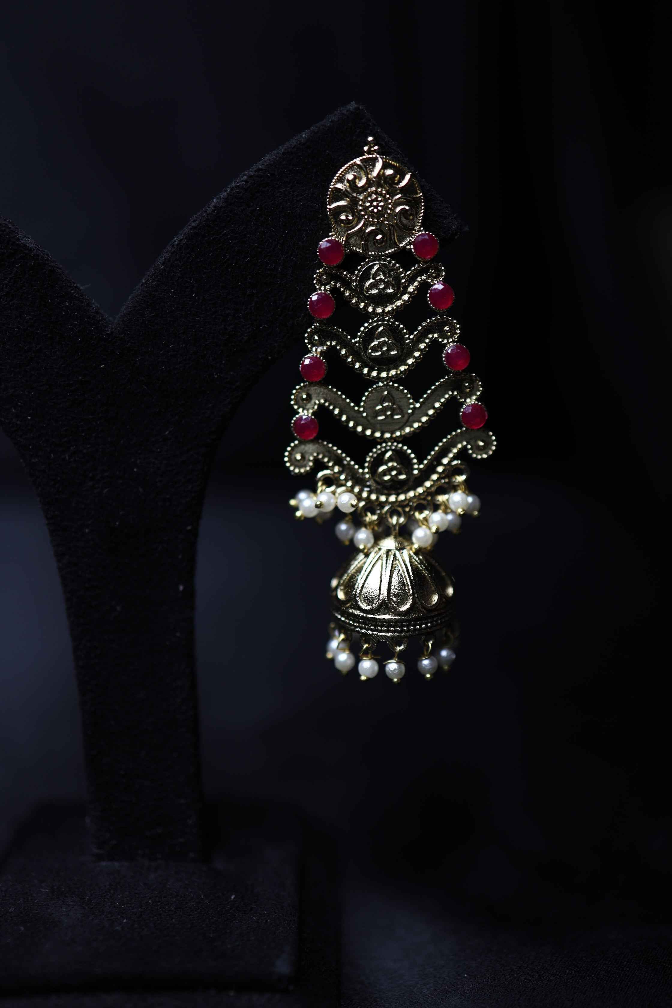 Gold Polish Pink Stone Jhumki