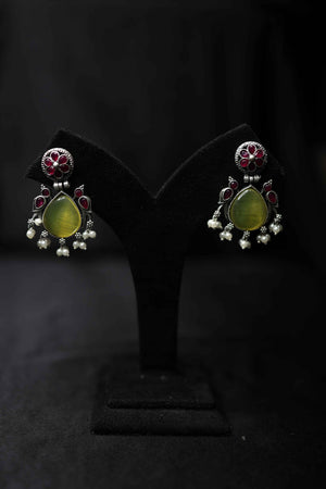 Silver Glass Stone Work Earrings
