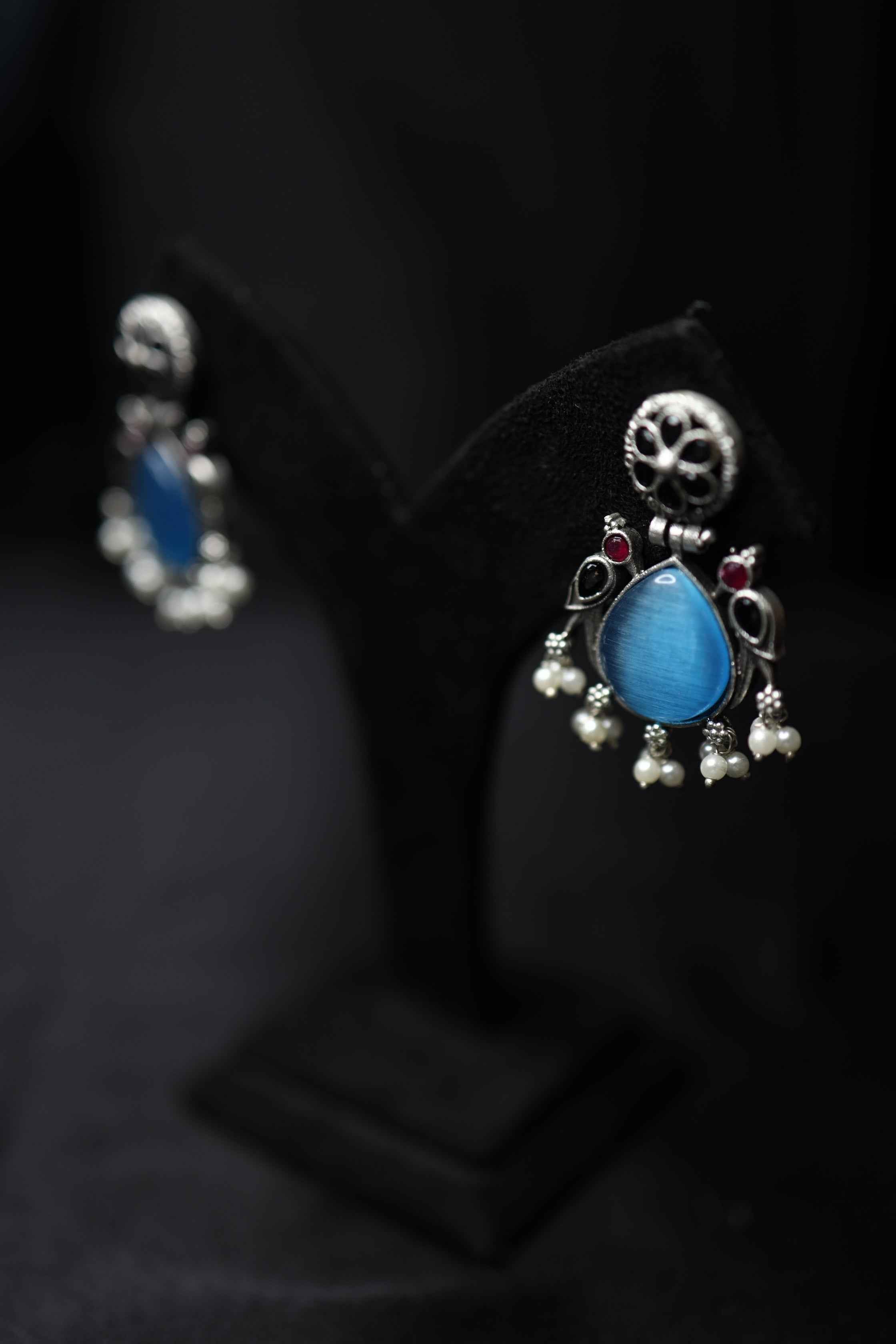 Silver Glass Stone Work Earrings