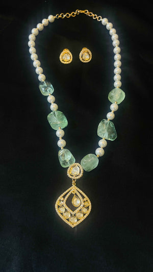 Beads pendant set in Mosinite Kundan