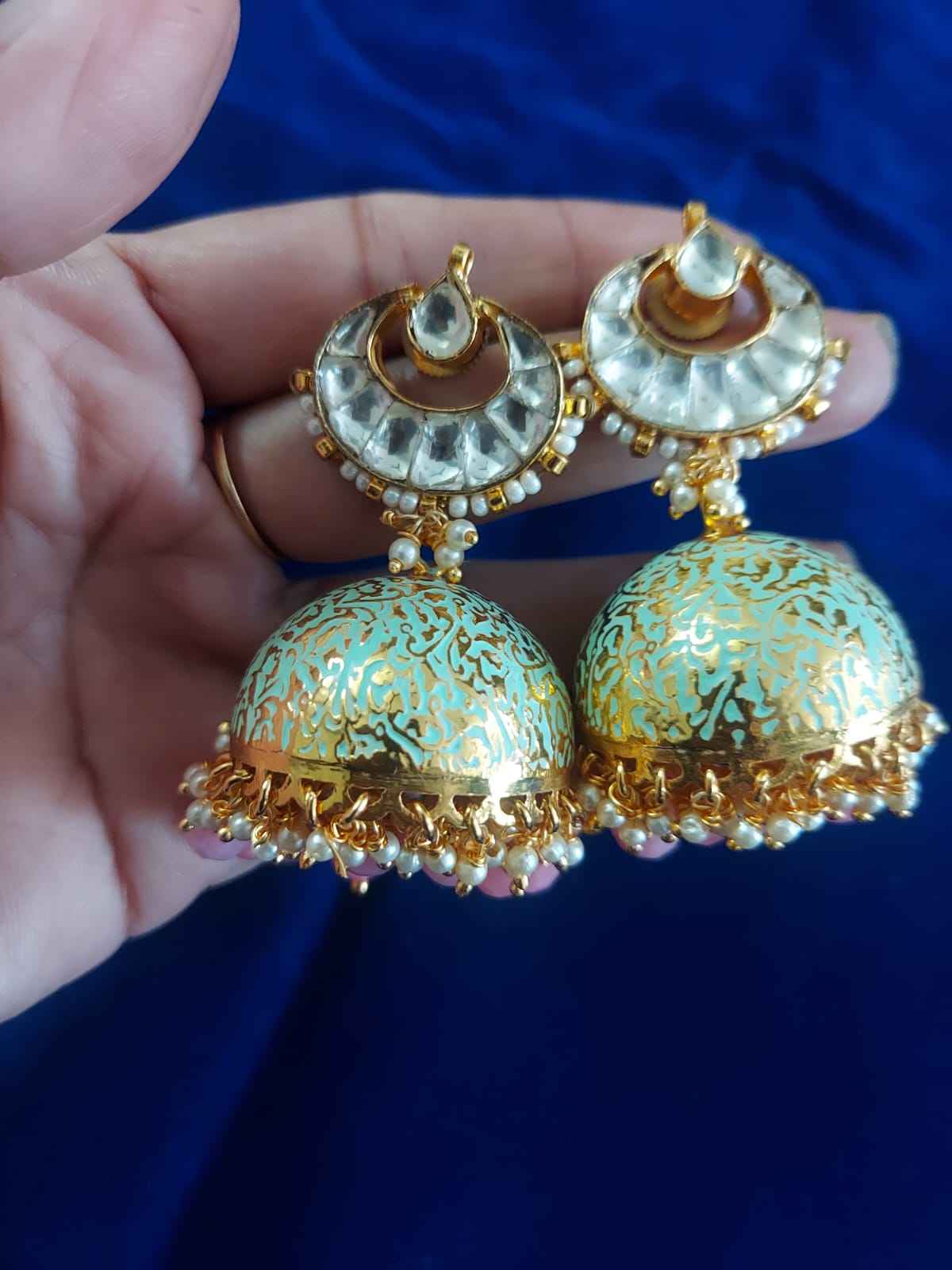 Polki Kundan Mint green jhumka with enamel meenakari