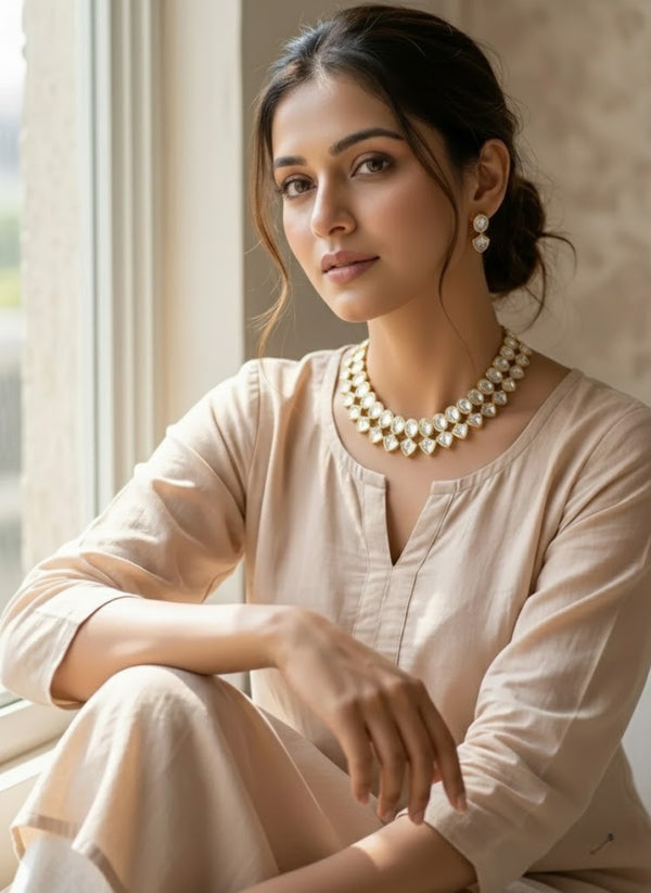 Mosinite kundan double layers chain set