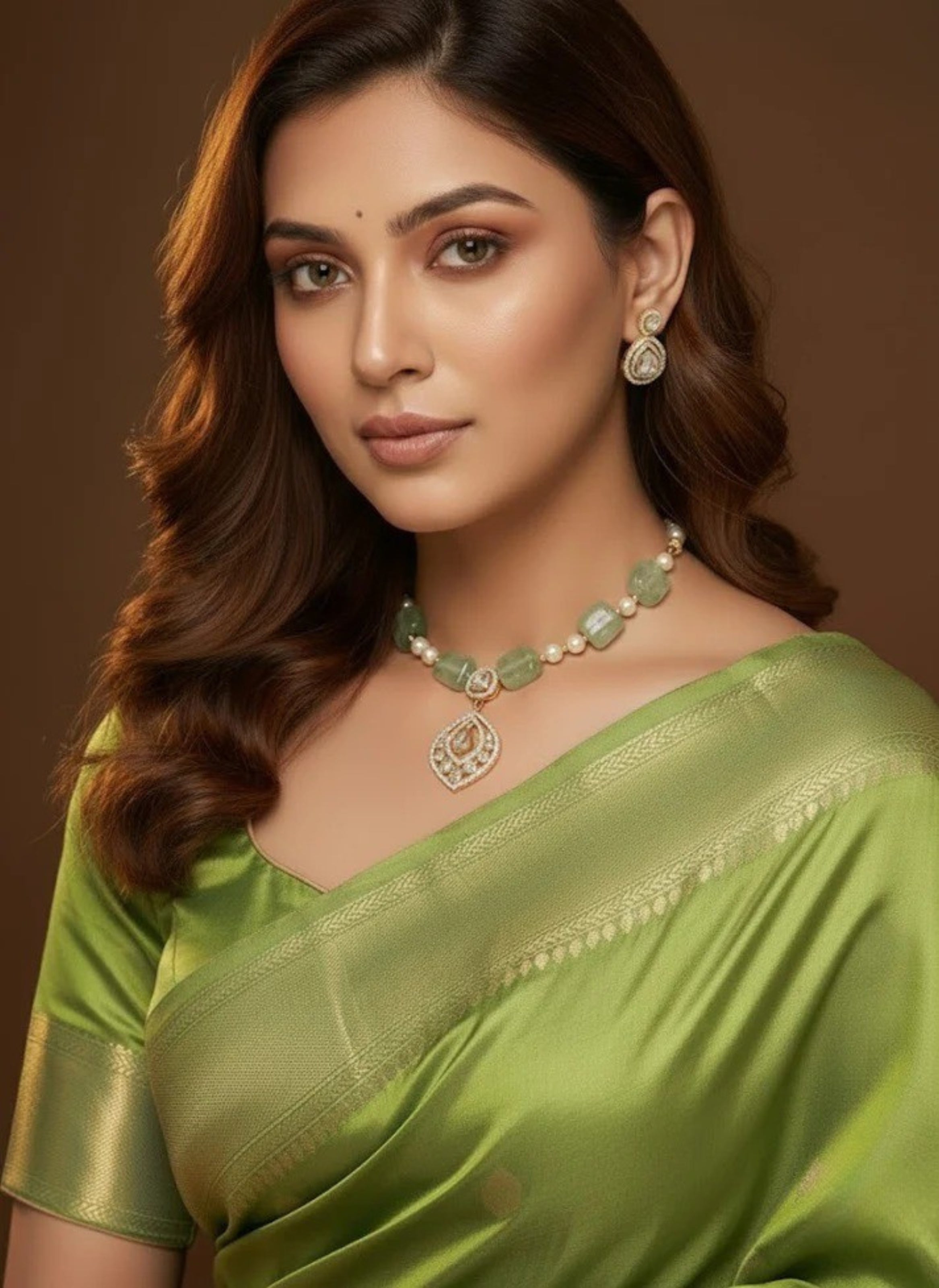 Beads pendant set in Mosinite Kundan