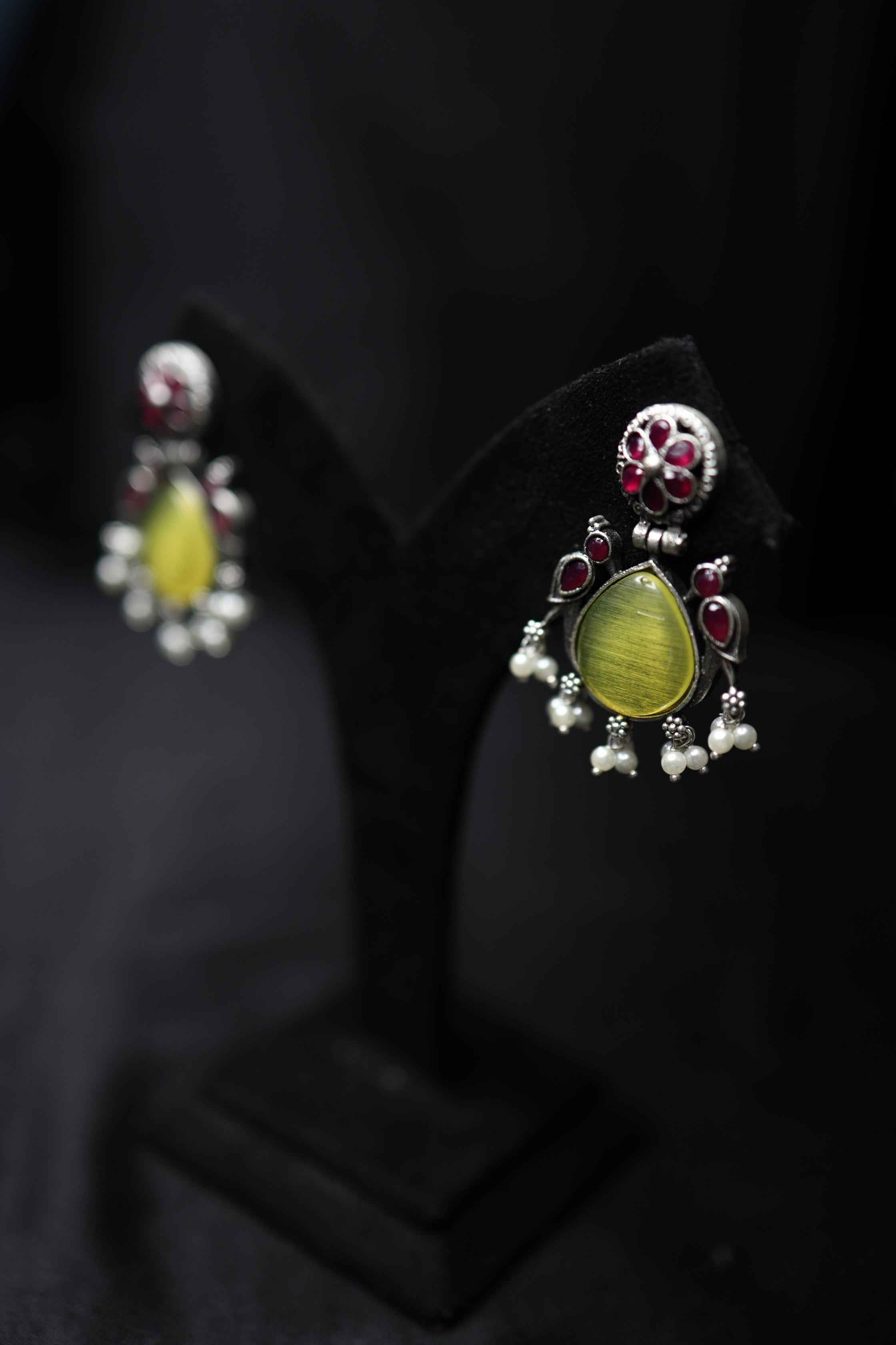 Silver Glass Stone Work Earrings