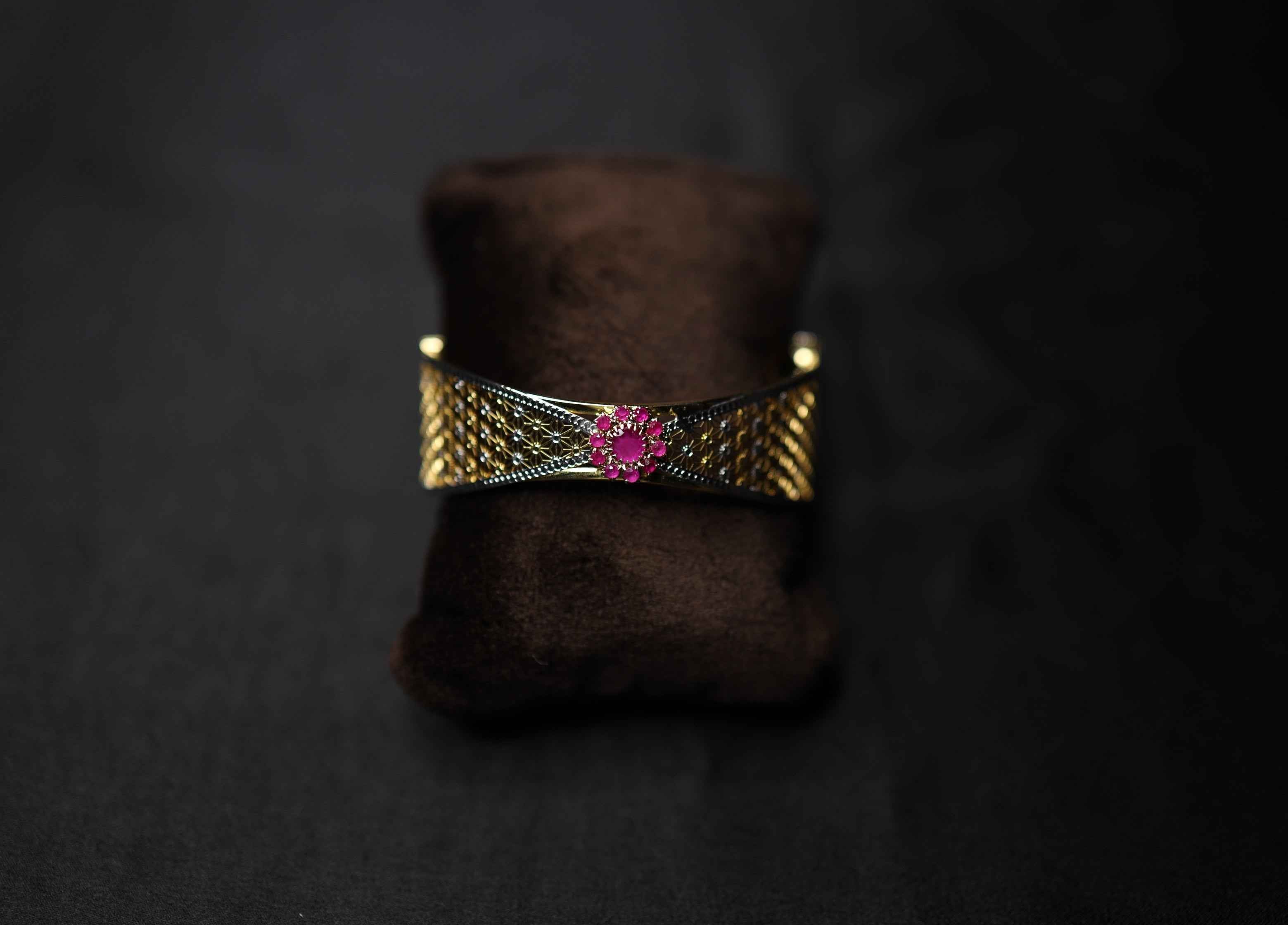 Gold Polish Ruby CZ Stone Openable Bracelet
