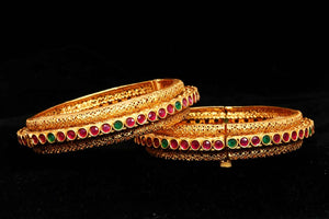 Ruby emerald stones gold plated kada pair