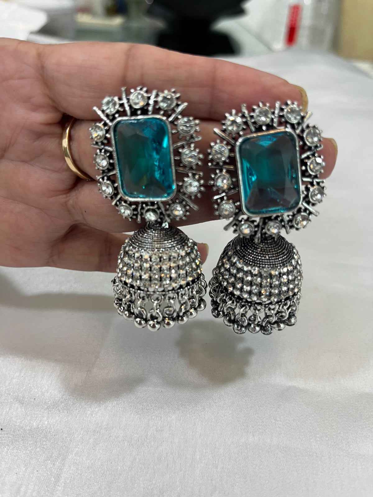 Oxidized Blue Stone Statement Jhumka Earrings